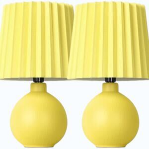 Set of 2 Mini Ceramic Table Lamps w/ Pleated Shades Yellow 10.5" H Inline Switch